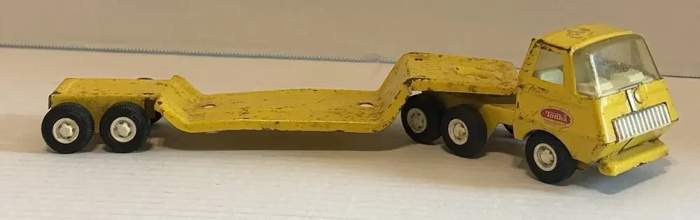 Vintage TONKA Lowboy Flat Bed Tractor Trailer Truck Pressed Steel Yellow